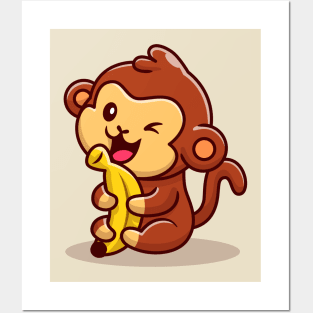 Cute Monkey Holding Banana Posters and Art